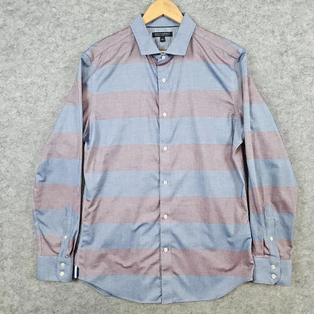 Banana Republic Men's Pale Red & Blue Rugby Striped Size L Dress Shirt STAINS